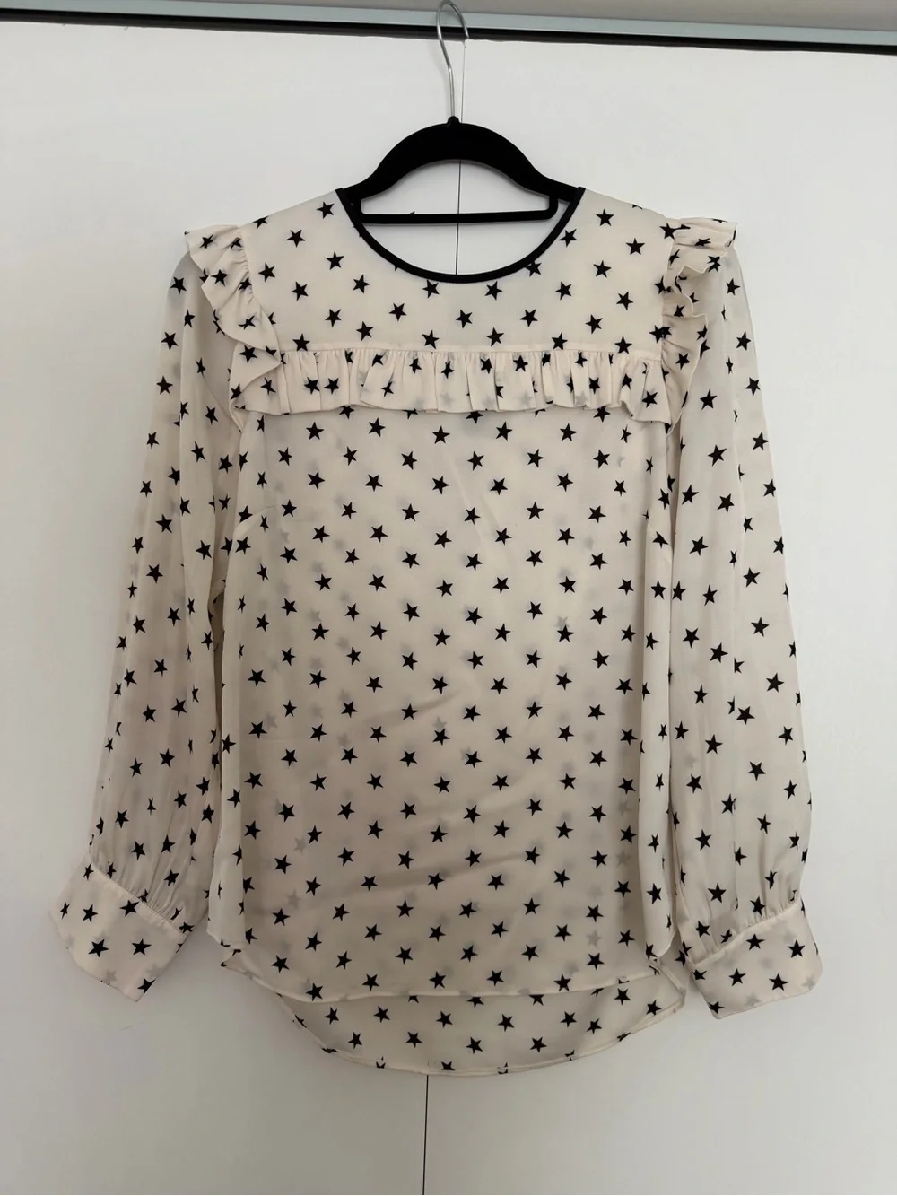 J. Crew White Long-Sleeve Star Print Ruffle Top with Black Trim